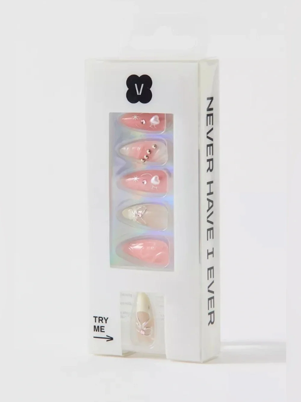 Never Have I Ever Press-On Faux Nails Heart of Pearls bows white Pink New